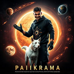 A captivating cinematic film poster titled 'Parikrama', showcasing a powerful 27-year-old Indian man with short hair, channeling his multiversal dark magical powers while standing amidst the stunning visuals of our solar system