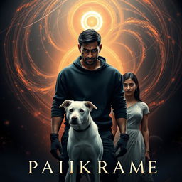 A captivating cinematic film poster titled 'Parikrama', showcasing a powerful 27-year-old Indian man with short hair, channeling his multiversal dark magical powers while standing amidst the stunning visuals of our solar system