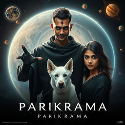 A captivating cinematic film poster titled 'Parikrama', showcasing a powerful 27-year-old Indian man with short hair, channeling his multiversal dark magical powers while standing amidst the stunning visuals of our solar system