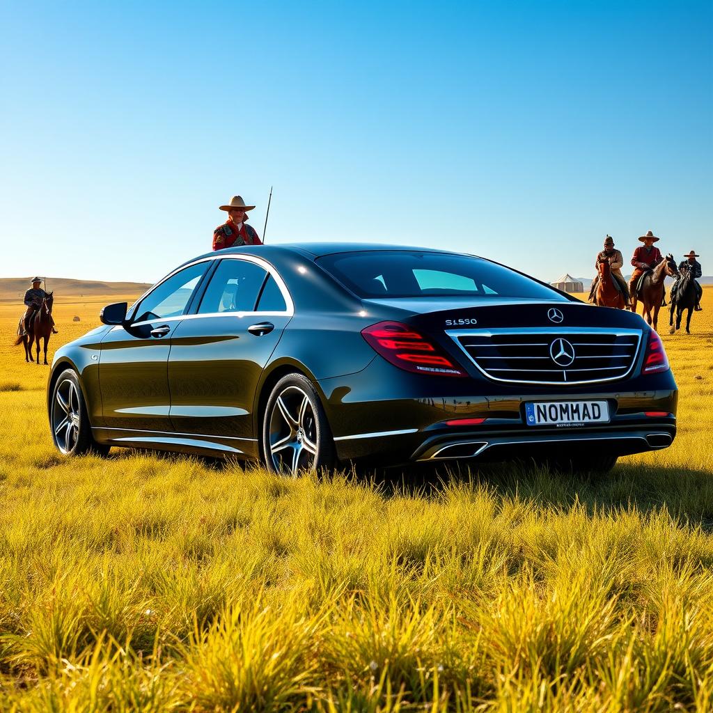 A high-resolution wall poster featuring a black antichrome Mercedes Benz S-Class S560, prominently displayed with a Kazakhstani state number plate reading 'NOMAD' and the region code '09'