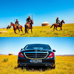 A high-resolution wall poster featuring a black antichrome Mercedes Benz S-Class S560, prominently displayed with a Kazakhstani state number plate reading 'NOMAD' and the region code '09'