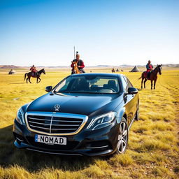 A high-resolution wall poster featuring a black antichrome Mercedes Benz S-Class S560, prominently displayed with a Kazakhstani state number plate reading 'NOMAD' and the region code '09'