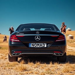 A high-resolution wall poster featuring a black antichrome Mercedes Benz S-Class S560, prominently displayed with a Kazakhstani state number plate reading 'NOMAD' and the region code '09'