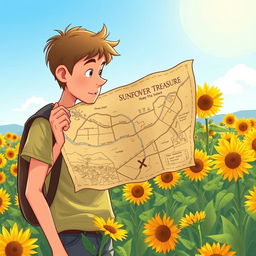 An illustration of a person intently examining a treasure map that reveals the location of a sunflower treasure