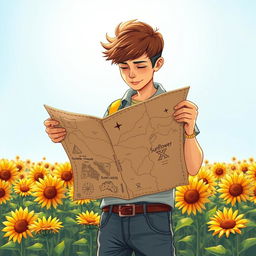 An illustration of a person intently examining a treasure map that reveals the location of a sunflower treasure