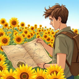 An illustration of a person intently examining a treasure map that reveals the location of a sunflower treasure