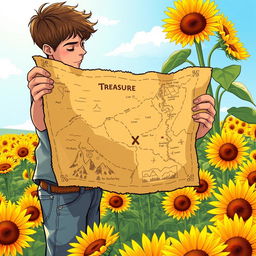 An illustration of a person intently examining a treasure map that reveals the location of a sunflower treasure