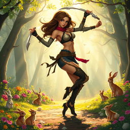 A beautiful human rogue is gracefully dancing in a sun-dappled forest, her movements fluid and captivating as she skillfully twirls dual glaives with precision and elegance