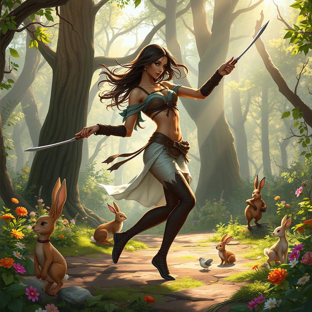 A beautiful human rogue is gracefully dancing in a sun-dappled forest, her movements fluid and captivating as she skillfully twirls dual glaives with precision and elegance