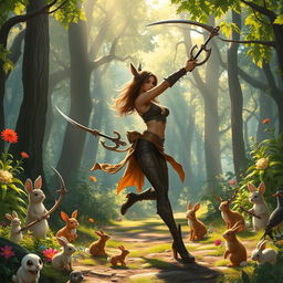 A beautiful human rogue is gracefully dancing in a sun-dappled forest, her movements fluid and captivating as she skillfully twirls dual glaives with precision and elegance