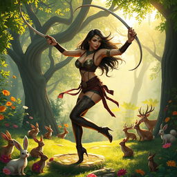 A beautiful human rogue is gracefully dancing in a sun-dappled forest, her movements fluid and captivating as she skillfully twirls dual glaives with precision and elegance