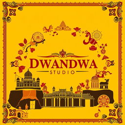 A captivating poster for DWANDWA STUDIOS that highlights the rich cultural heritage of Karnataka, India, using a vibrant color palette of yellow, red, and black