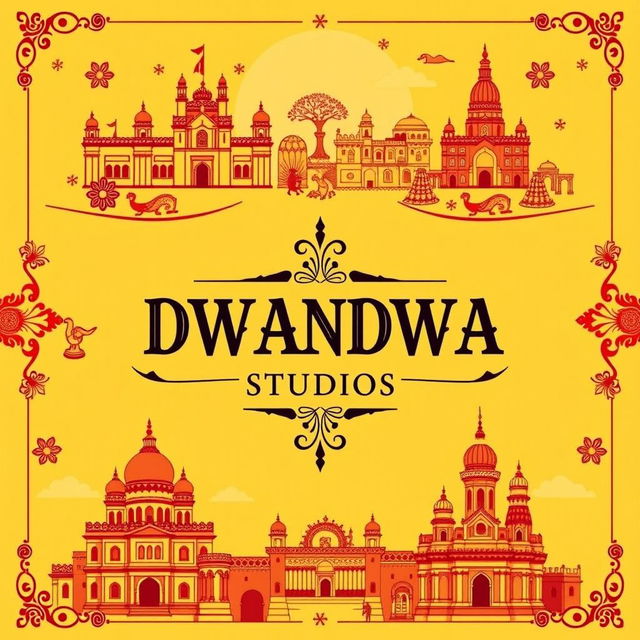 A captivating poster for DWANDWA STUDIOS that highlights the rich cultural heritage of Karnataka, India, using a vibrant color palette of yellow, red, and black