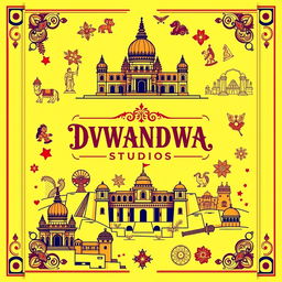 A captivating poster for DWANDWA STUDIOS that highlights the rich cultural heritage of Karnataka, India, using a vibrant color palette of yellow, red, and black