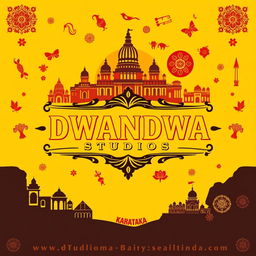 A captivating poster for DWANDWA STUDIOS that highlights the rich cultural heritage of Karnataka, India, using a vibrant color palette of yellow, red, and black