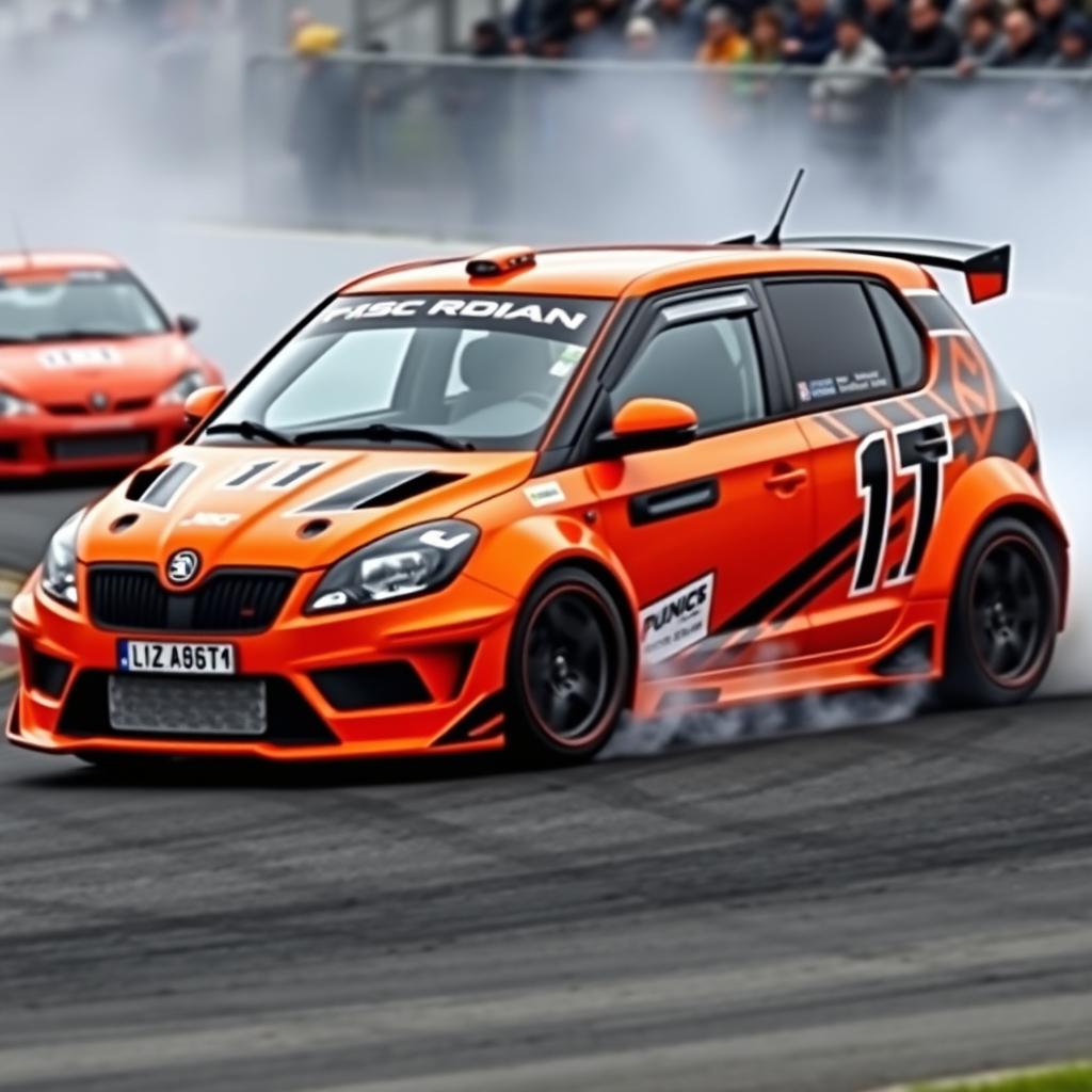 A vibrant orange Skoda Fabia modified with an impressive body kit, designed specifically for drifting