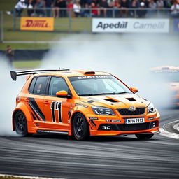 A vibrant orange Skoda Fabia modified with an impressive body kit, designed specifically for drifting