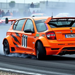 A vibrant orange Skoda Fabia modified with an impressive body kit, designed specifically for drifting