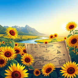 An illustration depicting a detailed treasure map placed amidst a field of vibrant sunflowers during a beautiful morning