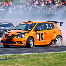 A vibrant orange Skoda Fabia modified with an impressive body kit, designed specifically for drifting