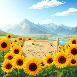 An illustration depicting a detailed treasure map placed amidst a field of vibrant sunflowers during a beautiful morning