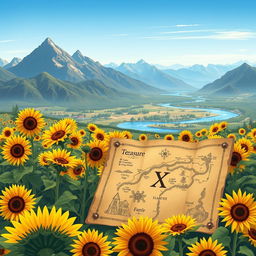 An illustration depicting a detailed treasure map placed amidst a field of vibrant sunflowers during a beautiful morning