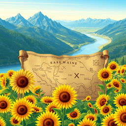 An illustration depicting a detailed treasure map placed amidst a field of vibrant sunflowers during a beautiful morning