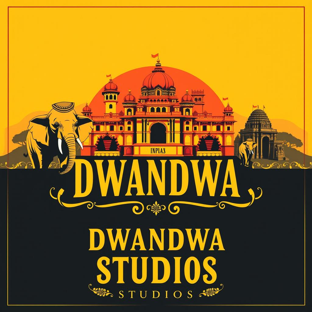 A striking poster for DWANDWA STUDIOS that beautifully integrates a cultural touch of Karnataka, India, using a bold color scheme of yellow, red, and black