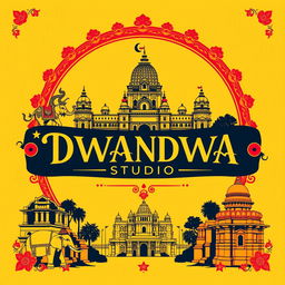 A striking poster for DWANDWA STUDIOS that beautifully integrates a cultural touch of Karnataka, India, using a bold color scheme of yellow, red, and black