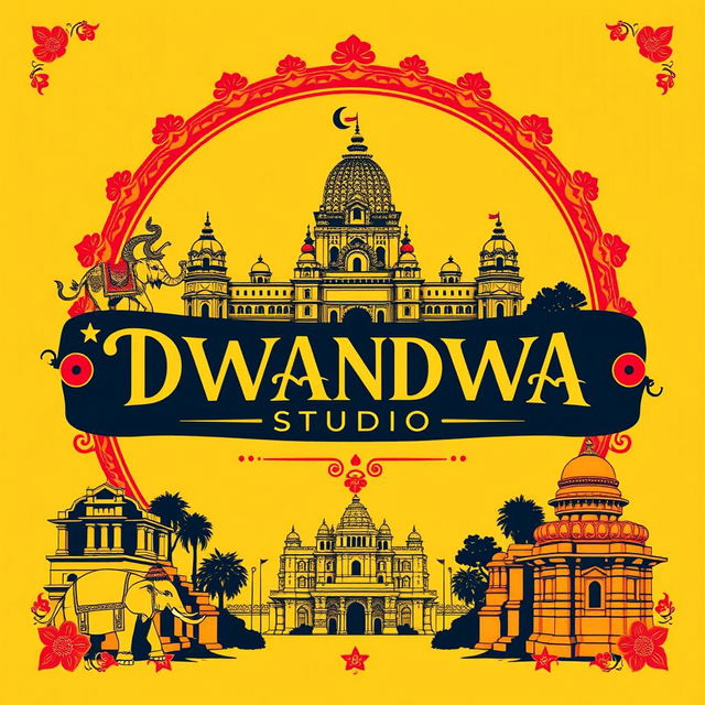 A striking poster for DWANDWA STUDIOS that beautifully integrates a cultural touch of Karnataka, India, using a bold color scheme of yellow, red, and black