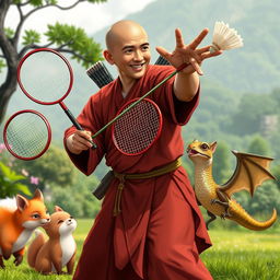 A human monk, exuding a serene and focused demeanor, is engaged in a playful game of badminton, wielding a short bow instead of a traditional racket