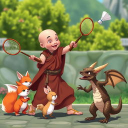 A human monk, exuding a serene and focused demeanor, is engaged in a playful game of badminton, wielding a short bow instead of a traditional racket