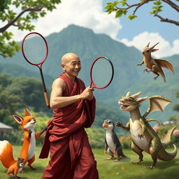 A human monk, exuding a serene and focused demeanor, is engaged in a playful game of badminton, wielding a short bow instead of a traditional racket