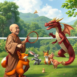 A human monk, exuding a serene and focused demeanor, is engaged in a playful game of badminton, wielding a short bow instead of a traditional racket