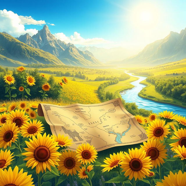 A captivating cover illustration for a book featuring a treasure map set amidst a radiant field of sunflowers during a serene morning