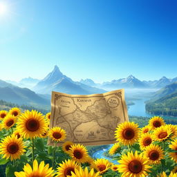 A captivating cover illustration for a book featuring a treasure map set amidst a radiant field of sunflowers during a serene morning