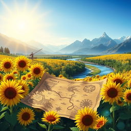 A captivating cover illustration for a book featuring a treasure map set amidst a radiant field of sunflowers during a serene morning