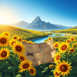 A captivating cover illustration for a book featuring a treasure map set amidst a radiant field of sunflowers during a serene morning