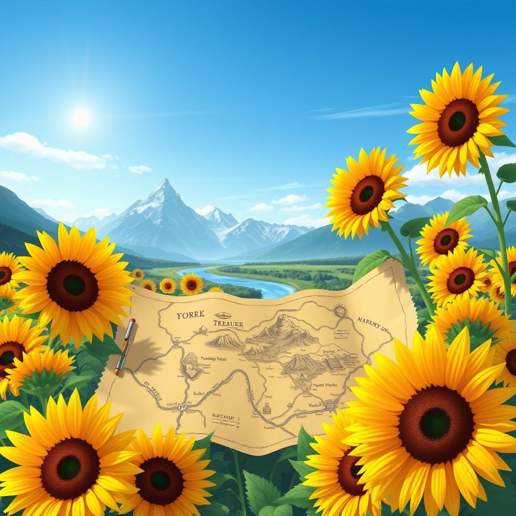 An enchanting illustration of a treasure map nestled among a sea of sunflowers during a picturesque morning