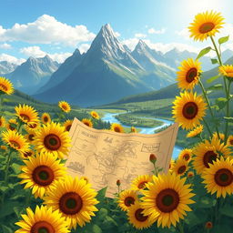 An enchanting illustration of a treasure map nestled among a sea of sunflowers during a picturesque morning
