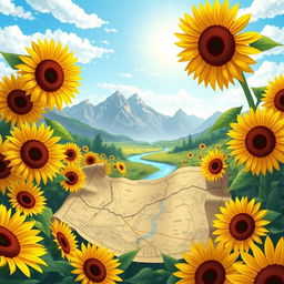 An enchanting illustration of a treasure map nestled among a sea of sunflowers during a picturesque morning