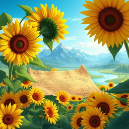 An enchanting illustration of a treasure map nestled among a sea of sunflowers during a picturesque morning