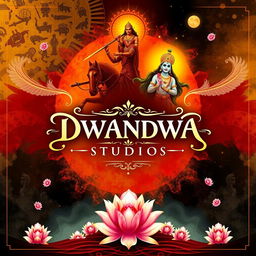 An enchanting poster for DWANDWA STUDIOS that beautifully captures the cultural essence of Karnataka with a divine touch inspired by the Mahabharata