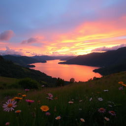 A stunning landscape showcasing a serene sunset over a tranquil lake, surrounded by lush green hills and blooming wildflowers in the foreground