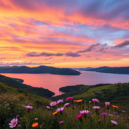 A stunning landscape showcasing a serene sunset over a tranquil lake, surrounded by lush green hills and blooming wildflowers in the foreground