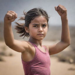 Modify the previous image by showcasing the girl with only one hand. Her resilience, and strength should be highlighted, as well as her capability to triumph over life's adversities despite the physical challenge.