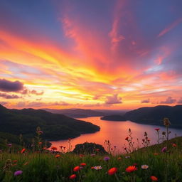 A stunning landscape showcasing a serene sunset over a tranquil lake, surrounded by lush green hills and blooming wildflowers in the foreground