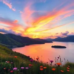 A stunning landscape showcasing a serene sunset over a tranquil lake, surrounded by lush green hills and blooming wildflowers in the foreground