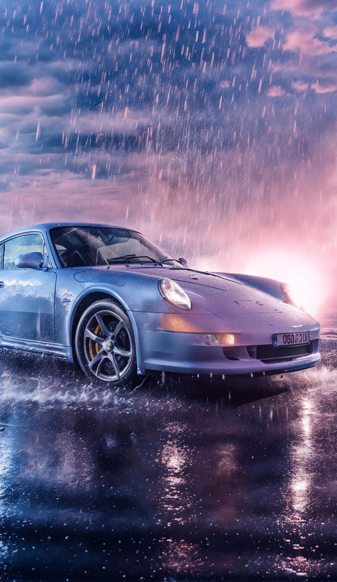 High-resolution 32k HD editorial photograph featuring a light blue Porsche 911 driving through heavy rain, set against a soft pastel pink sky.