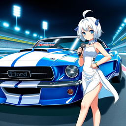 A stunning portrayal of a blue classic Ford Mustang muscle car adorned with two white stripes on the bumper and featuring the Krasnodar Racing Team logo vinyl on the front glass